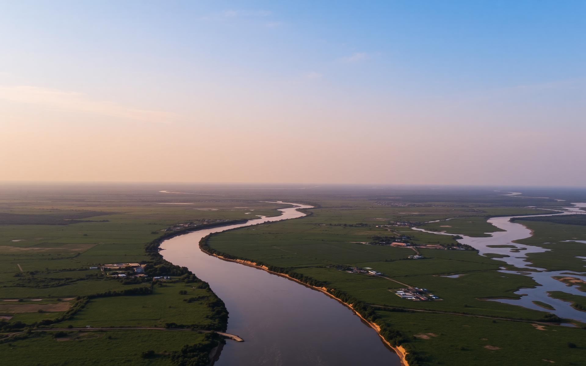 Aerial view of a South African river winding through wetlands