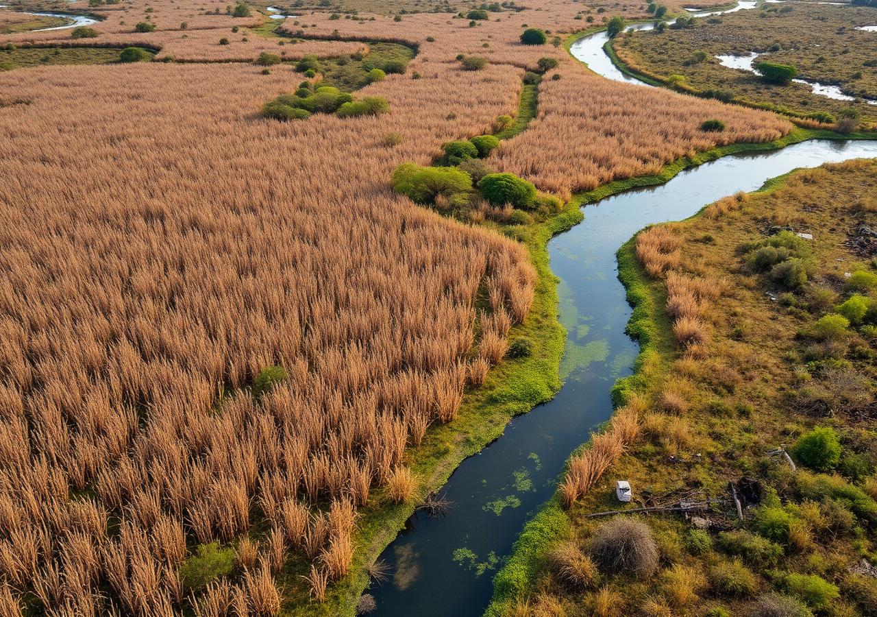 South African wetland with reeds and stream